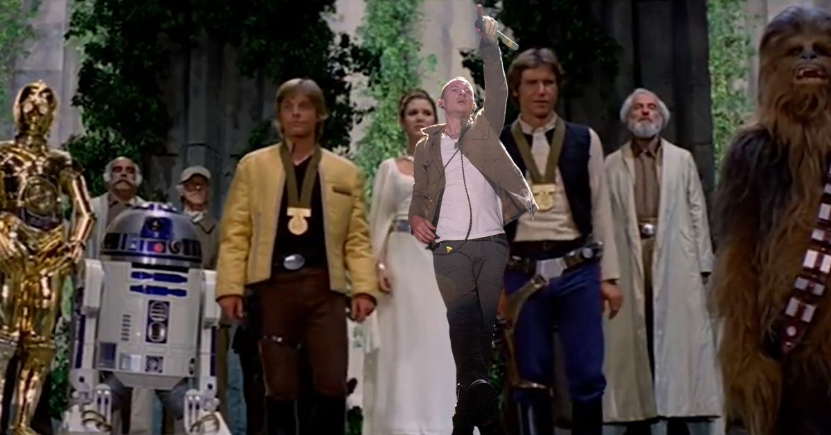 A comp image of Linkin Park's Chester Bennington and the cast of Star Wars: A New Hope