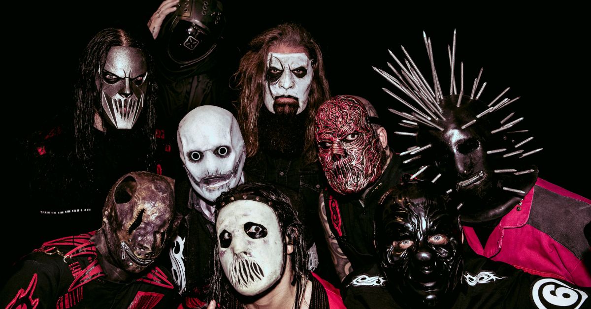 A photo of Slipknot against a black backdrop. 