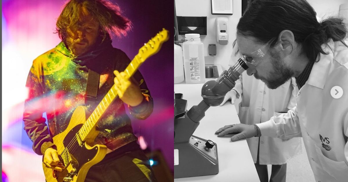 Mike Einziger playing guitar with Incubus and Mike Einziger looking at a microscope