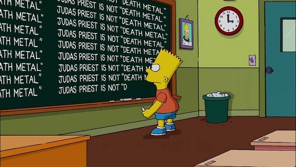 Bart Simpson writing about Judas Priest on blackboard