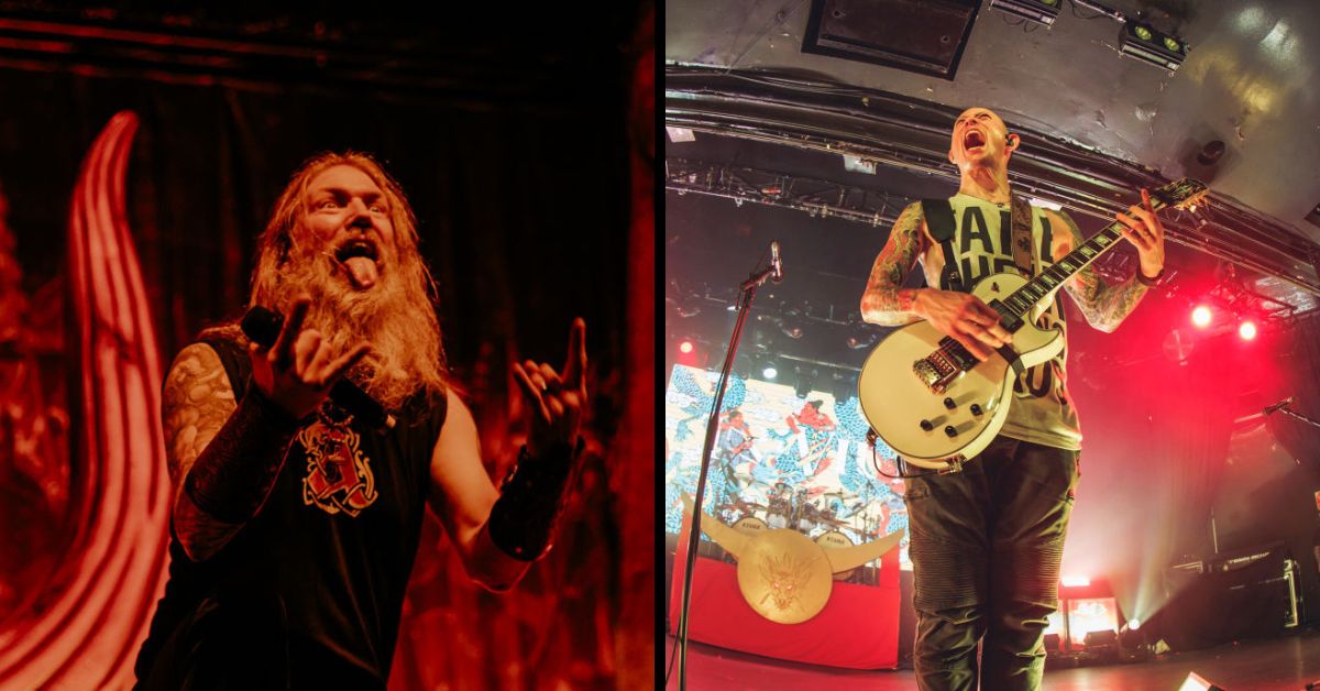 A phot of Johann from Amon Amarth singing live and Matt Heafy from Trivium playing guitar live