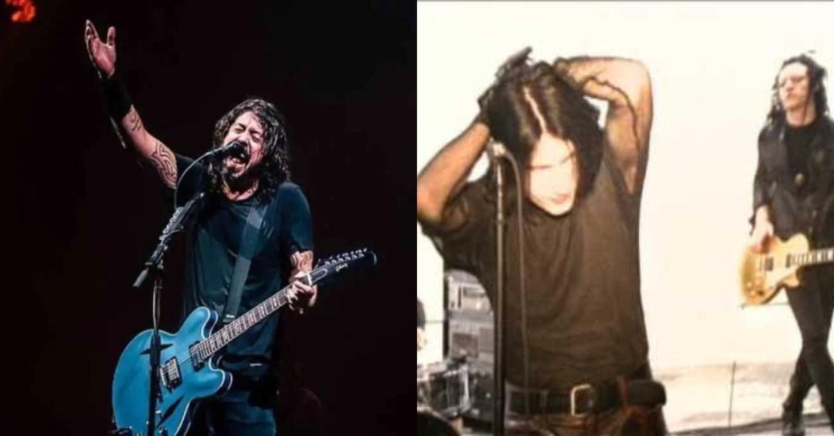 Comp image of Dave Grohl of the Foo Fighters performing live and a screenshot from the NIN video for 'March of the Pigs'