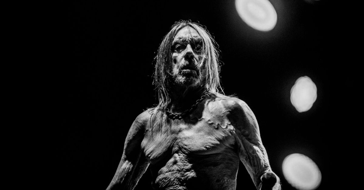 A black and white photo of Iggy Pop performing live. 