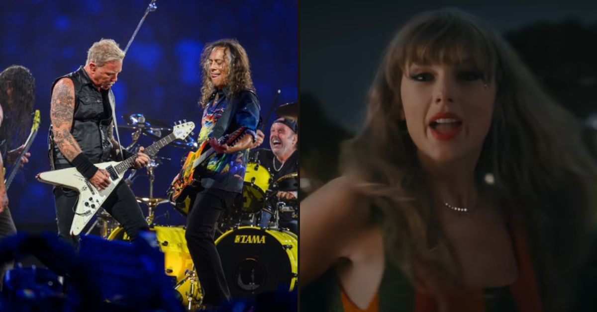 Metallica performing live at SoFi Stadium, Taylor Swift screenshot from 'Anti-Hero' video