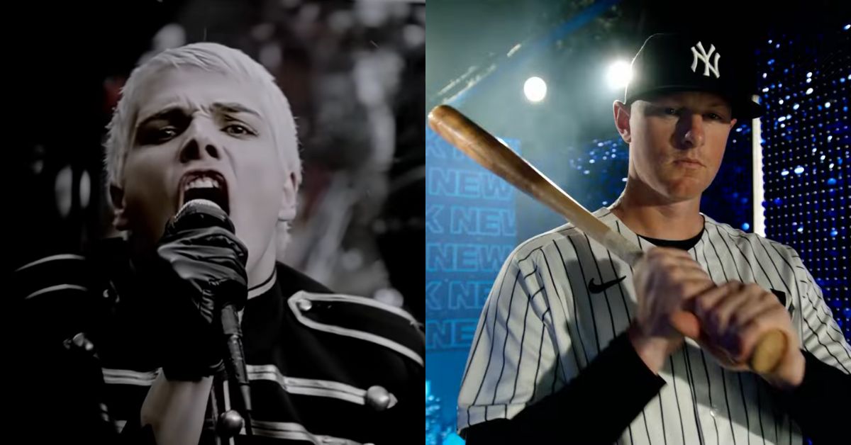 Screenshot of Gerard Way from My Chemical Romance from the 'Welcome to the black Parade' and a screenshot of New York Yankees player from their 2023 opening day hype video package.