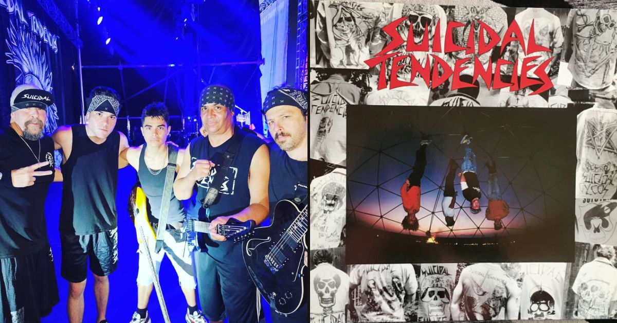 A photo of Suicidal Tendencies and the artwork for their self-titled debut album