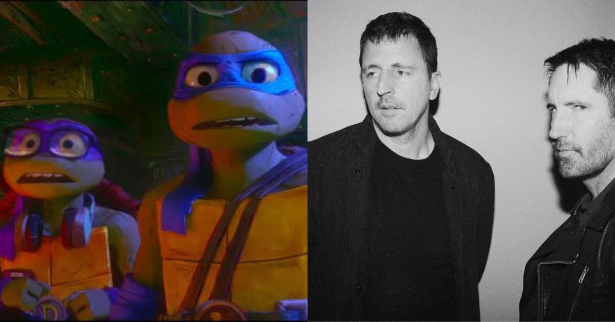 A comp image of the TMNT characters Donatello and Leonardo and Atticus Ross and Trent Reznor