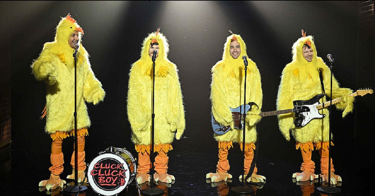 Fall Out Boy dressed in chicken suits on Fallon