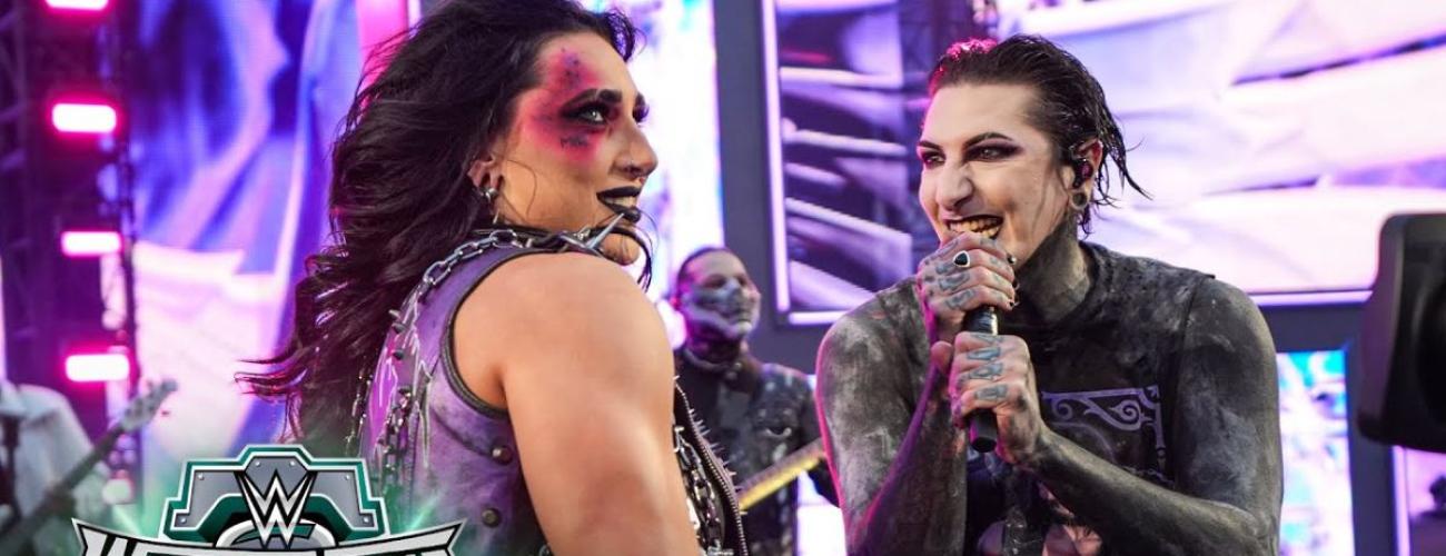 Rhea Ripley and Motionless In White performing live together at WrestleMania 40, Photo Credit: WWE/YouTube