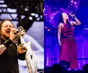 A photo of Jonathan Davis performing and a photo of Amy Lee performing