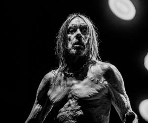 A black and white photo of Iggy Pop performing live.