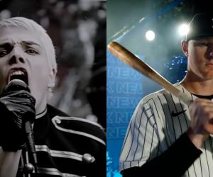 Screenshot of Gerard Way from My Chemical Romance from the 'Welcome to the black Parade' and a screenshot of New York Yankees player from their 2023 opening day hype video package.