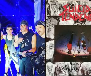 A photo of Suicidal Tendencies and the artwork for their 1983 self-titled album