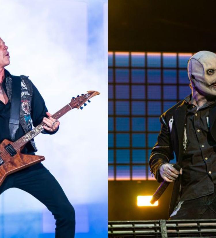 A grid containing a photo of James Hetfield performing live and a photo of Corey Taylor performing live. 